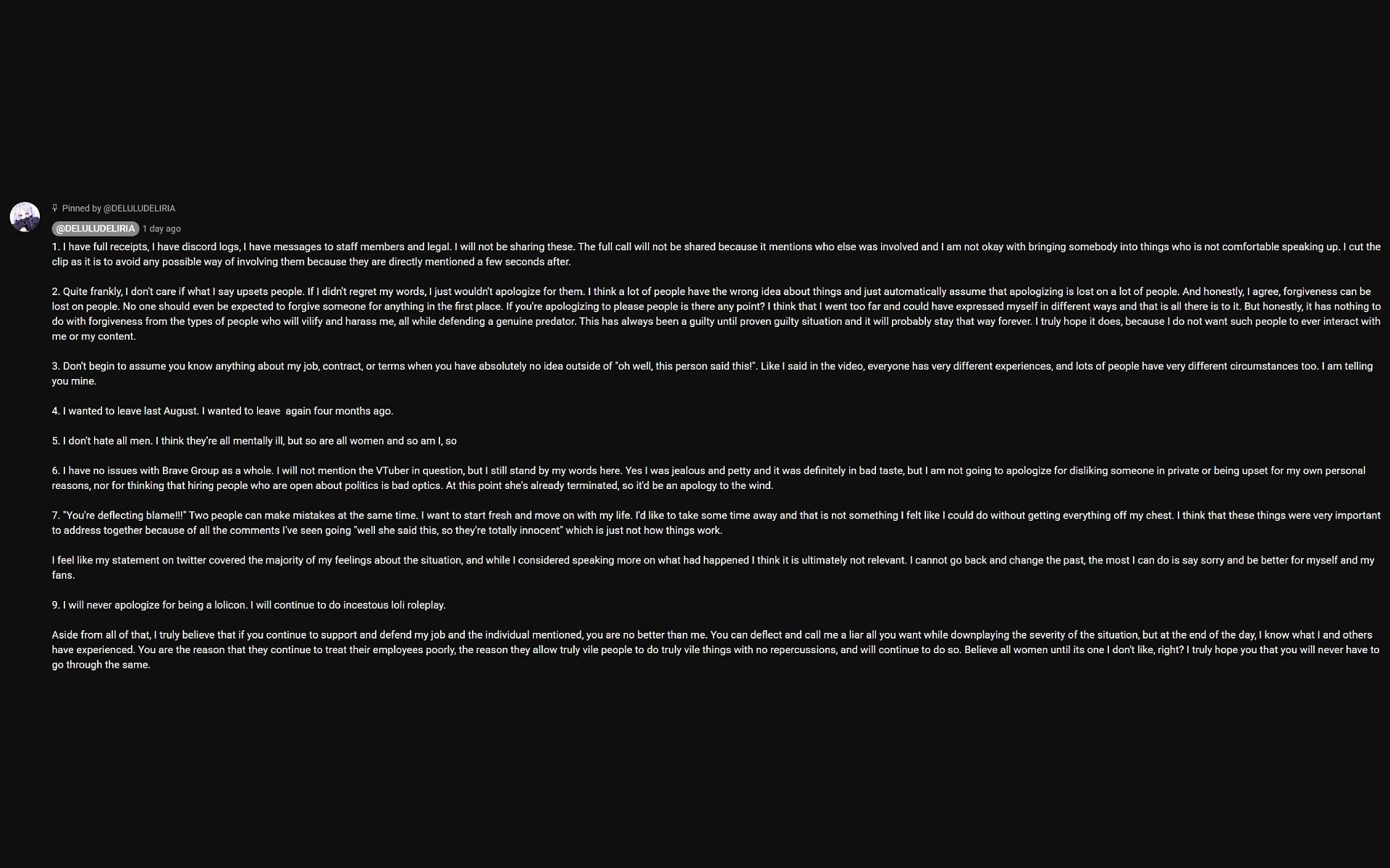 A screenshot of VTuber Twisty Amanozako's statement, which she issued via a YouTube comment (Image via youtube.com/@DELULUDELIRIA)
